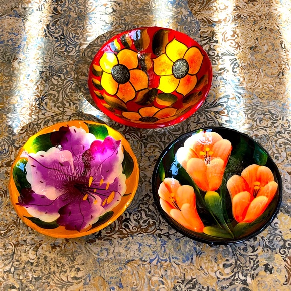 Other - 3 Mexican Salsa Bowls Handmade Painted Folk Art Rustic Floral Design